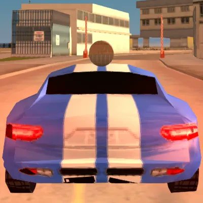 Rear view of a blue sports car with white racing stripes on urban street