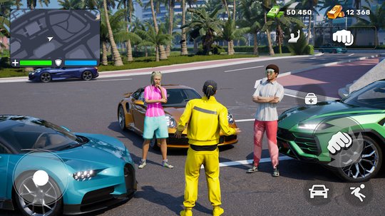 Three characters stand beside colorful sports cars on a sunny palm-lined street.