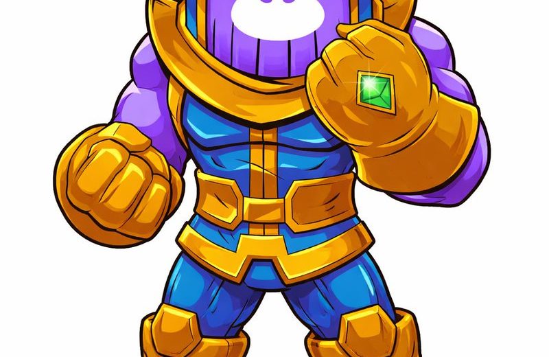 Cartoon purple armored superhero wearing golden gauntlets and a glowing green gem ring