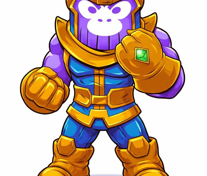 Cartoon purple armored superhero wearing golden gauntlets and a glowing green gem ring