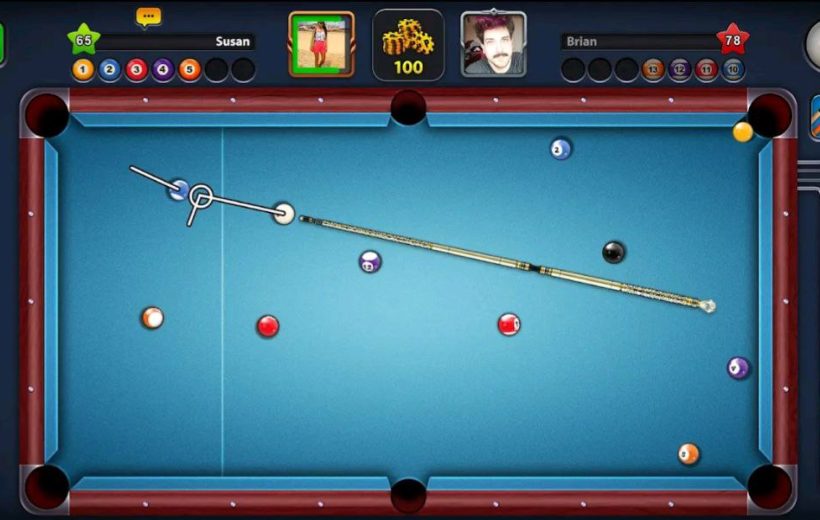Top-down digital pool game table with cue aiming line and scattered balls.