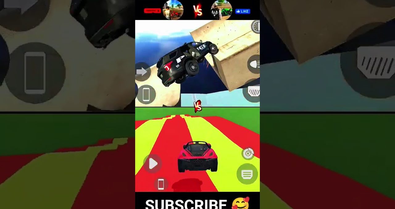 Split-screen mobile game showing a police SUV airborne above a sports car racetrack