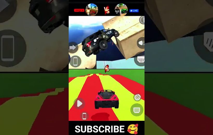 Split-screen mobile game showing a police SUV airborne above a sports car racetrack