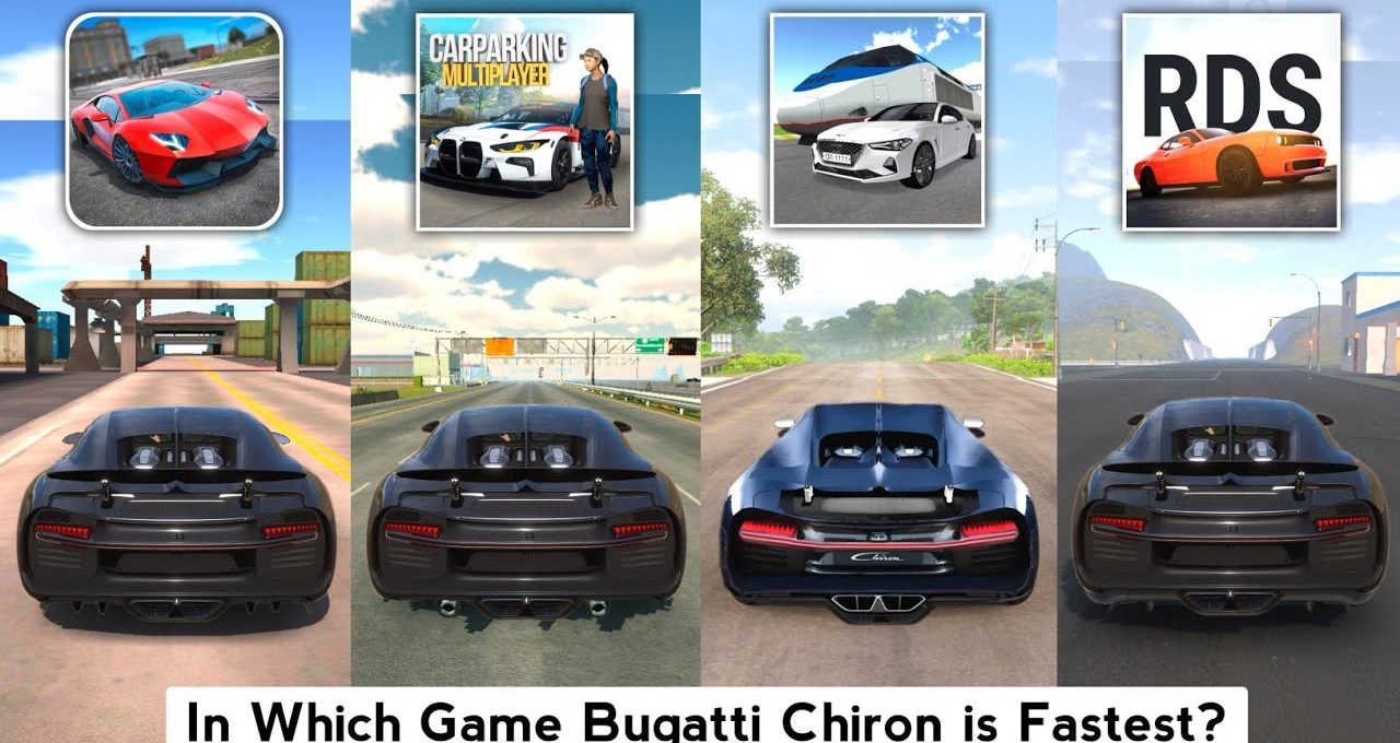 Four game screenshots comparing a Bugatti Chiron's rear view on different tracks