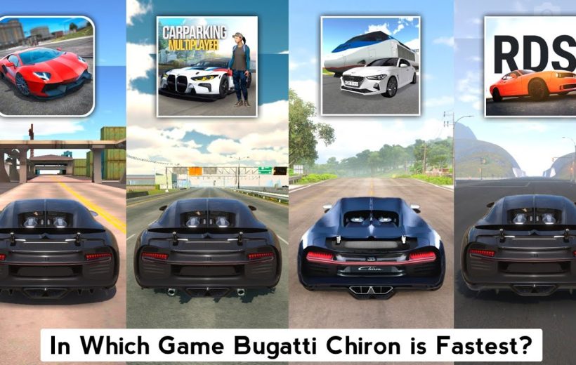 Four game screenshots comparing a Bugatti Chiron's rear view on different tracks