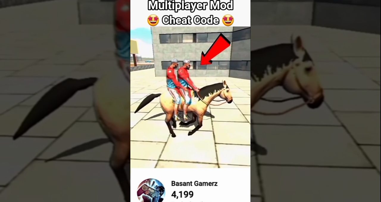 Two identical game avatars riding a brown horse in an urban game environment.