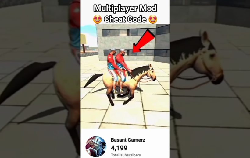 Two identical game avatars riding a brown horse in an urban game environment.