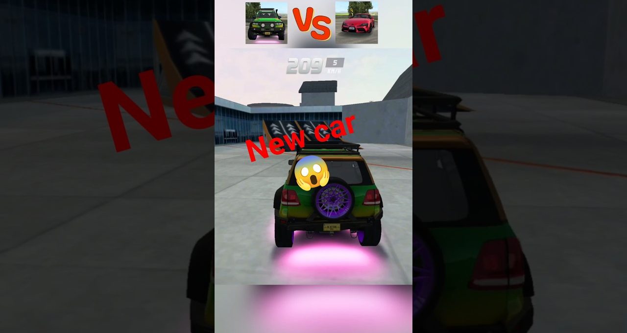 Rear view of a green modified SUV with purple neon underglow and spare wheel