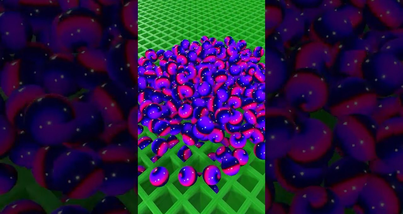 Cluster of glossy purple-pink spheres scattered on a green waffle-like grid background
