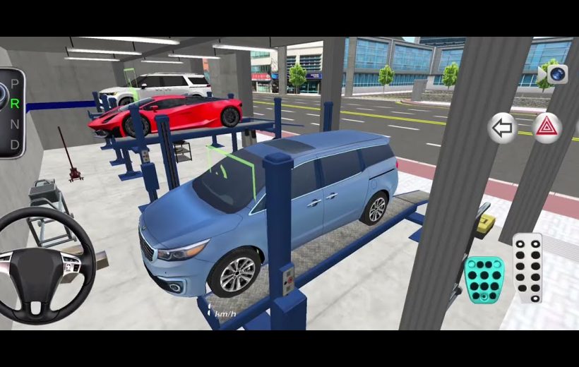 Blue minivan on a service lift inside a garage with sports car nearby