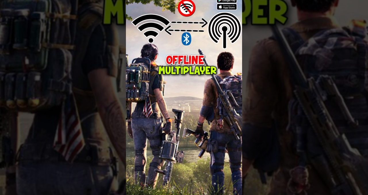 Two armed survivors with backpacks overlooking a ruined city, text "Offline Multiplayer"