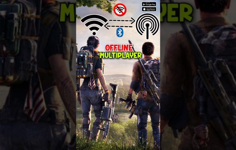 Two armed survivors with backpacks overlooking a ruined city, text "Offline Multiplayer"