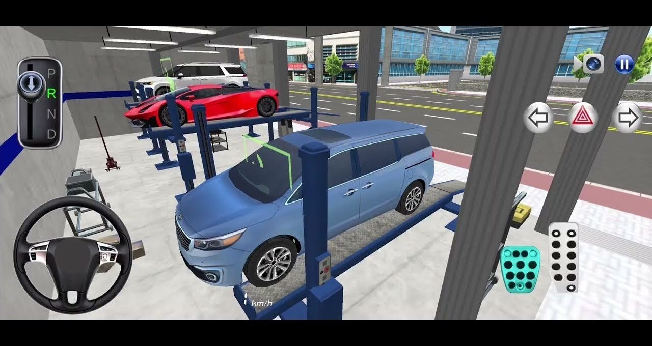 Blue minivan elevated on a hydraulic lift inside a busy automotive repair garage.
