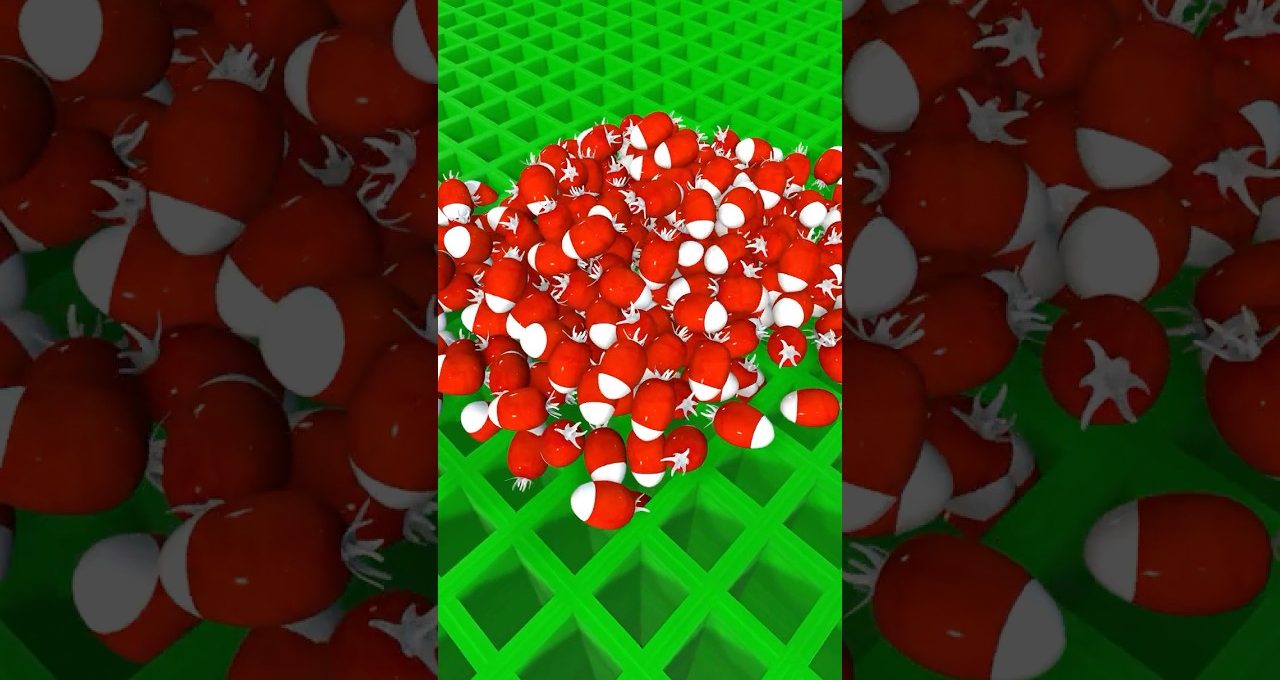 Pile of red and white toy balls on a bright green grid surface