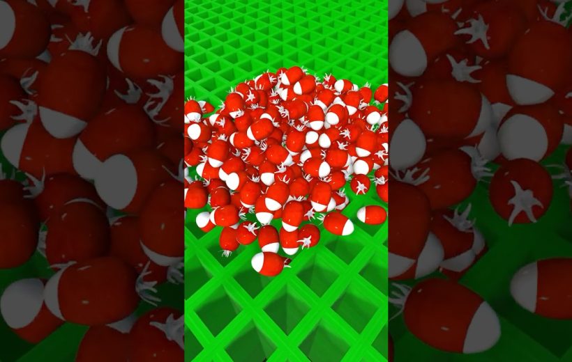 Pile of red and white toy balls on a bright green grid surface