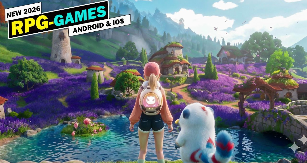 Young explorer and fluffy companion overlook a vibrant lavender village and pond landscape