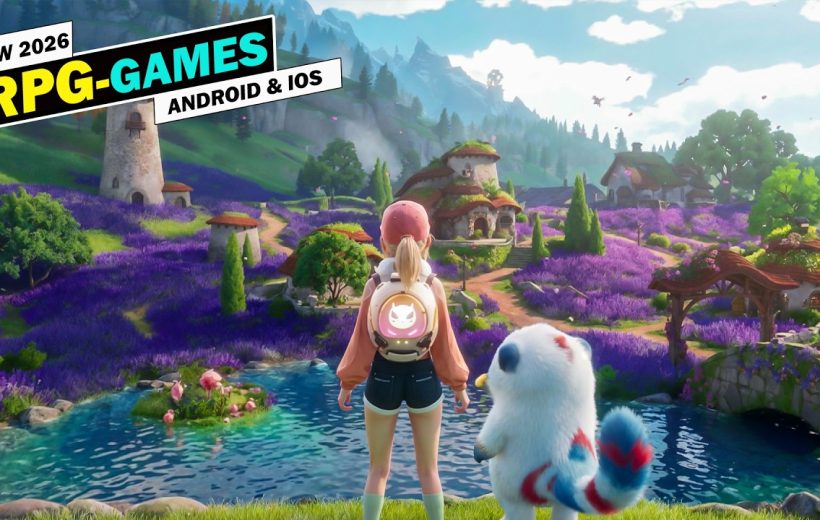Young explorer and fluffy companion overlook a vibrant lavender village and pond landscape