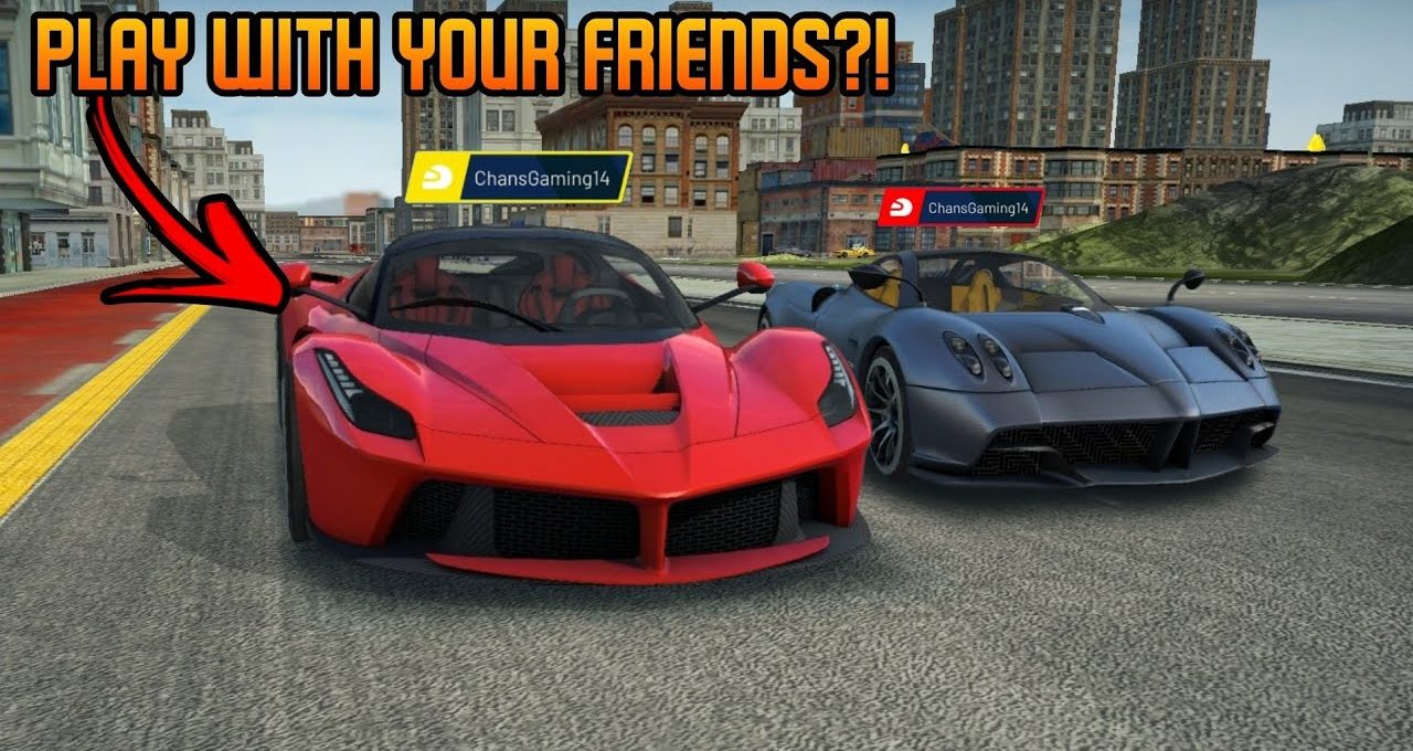 Two sports cars parked side-by-side on a city street in a racing game