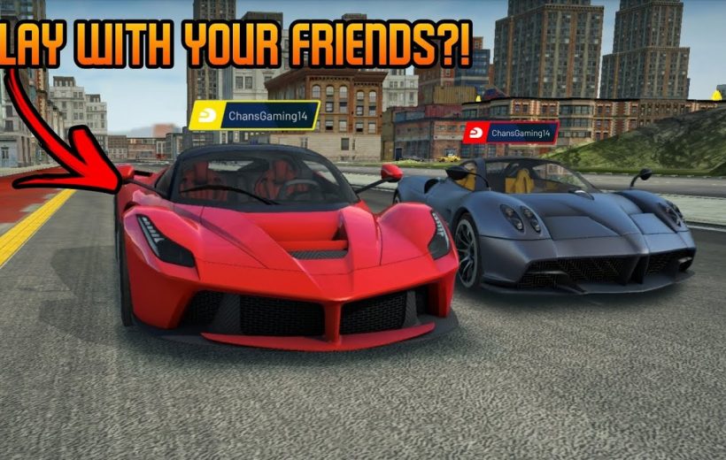 Two sports cars parked side-by-side on a city street in a racing game
