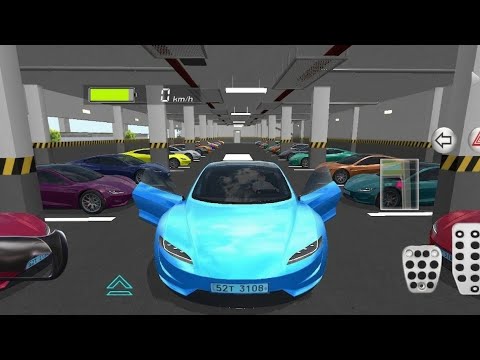 Blue sports car with open doors parked in a multi-level garage among cars