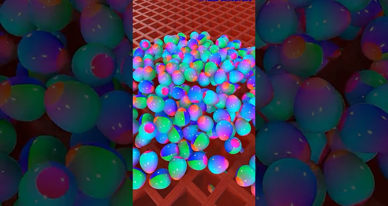 Pile of colorful iridescent eggs scattered on a red gridded surface