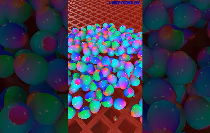 Pile of colorful iridescent eggs scattered on a red gridded surface