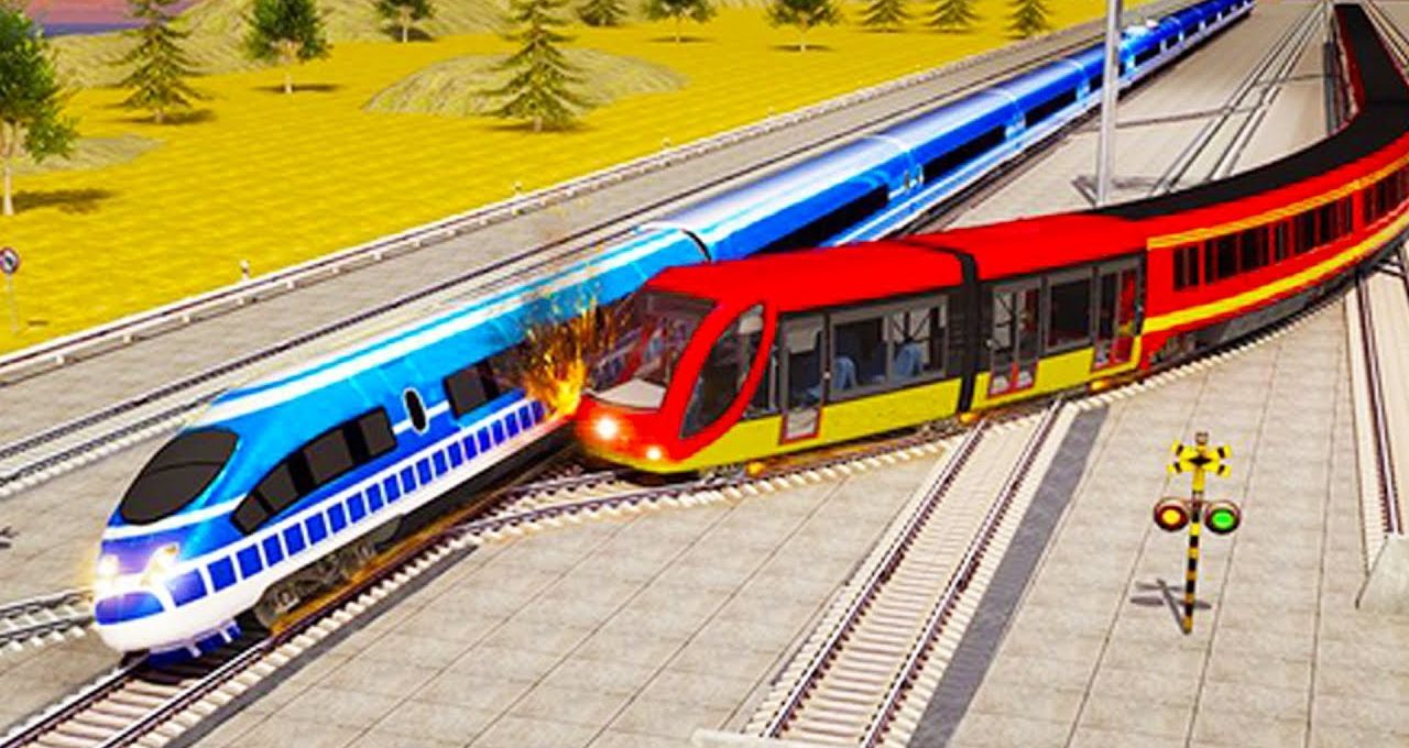 Bright blue high-speed train colliding with red commuter train on intersecting tracks, sparks visible