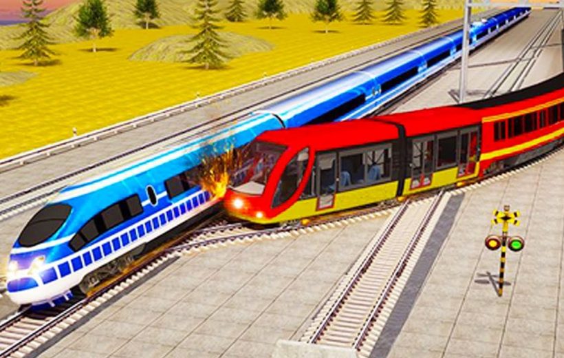 Bright blue high-speed train colliding with red commuter train on intersecting tracks, sparks visible