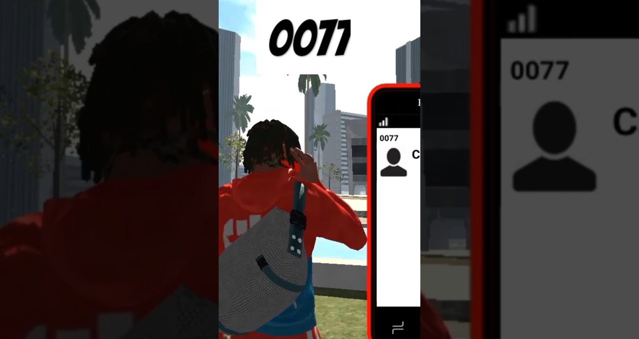 Person wearing red hoodie and backpack holding phone outdoors with city skyline and "0077" text