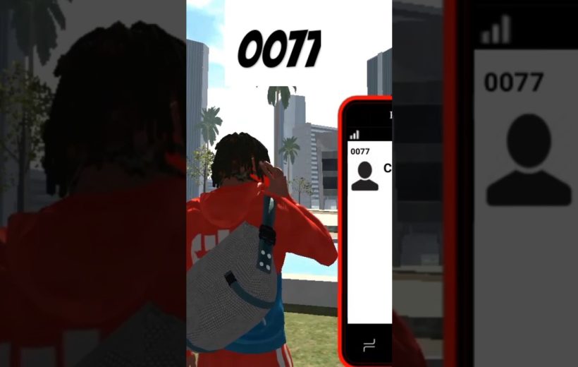 Person wearing red hoodie and backpack holding phone outdoors with city skyline and "0077" text
