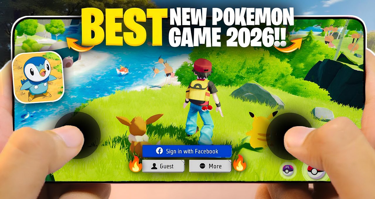 Hands holding phone showing a colorful Pokémon-style RPG with trainer and Pokémon companions