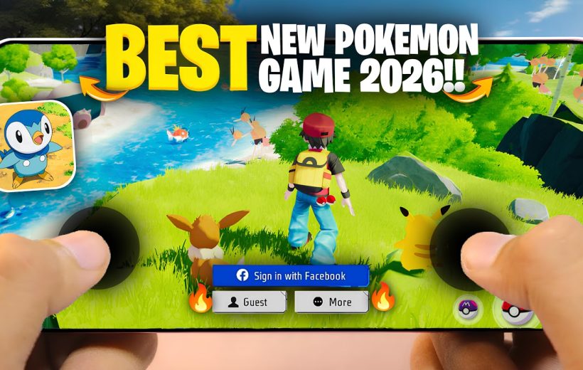Hands holding phone showing a colorful Pokémon-style RPG with trainer and Pokémon companions