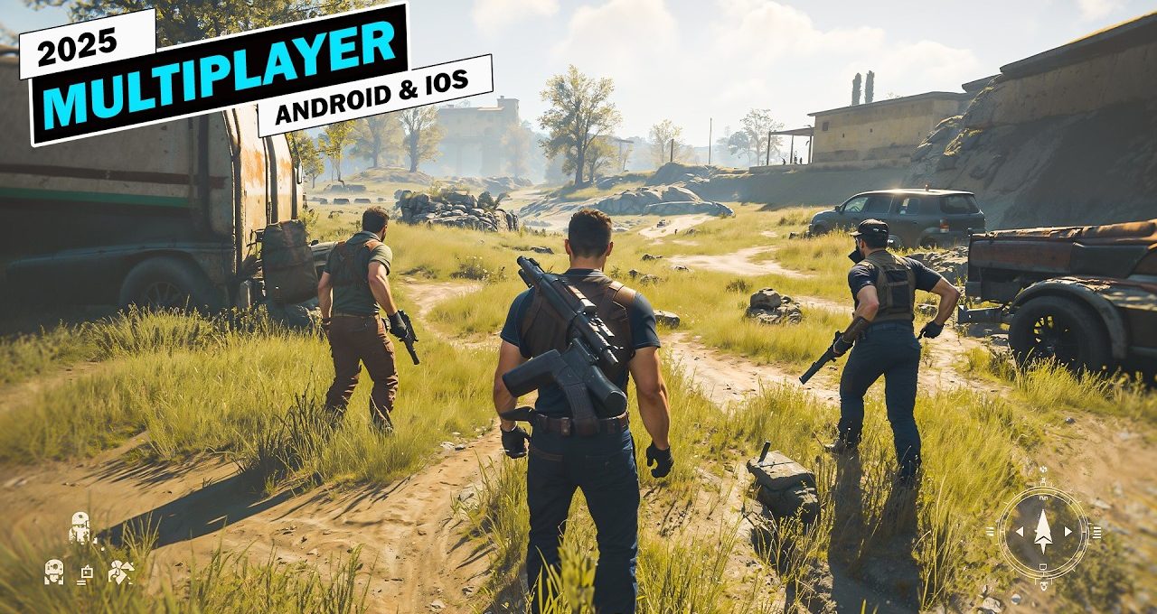 Three armed players walking through sunlit grassy battlefield in a multiplayer shooter game