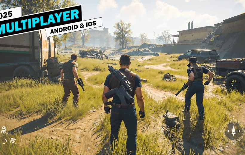Three armed players walking through sunlit grassy battlefield in a multiplayer shooter game
