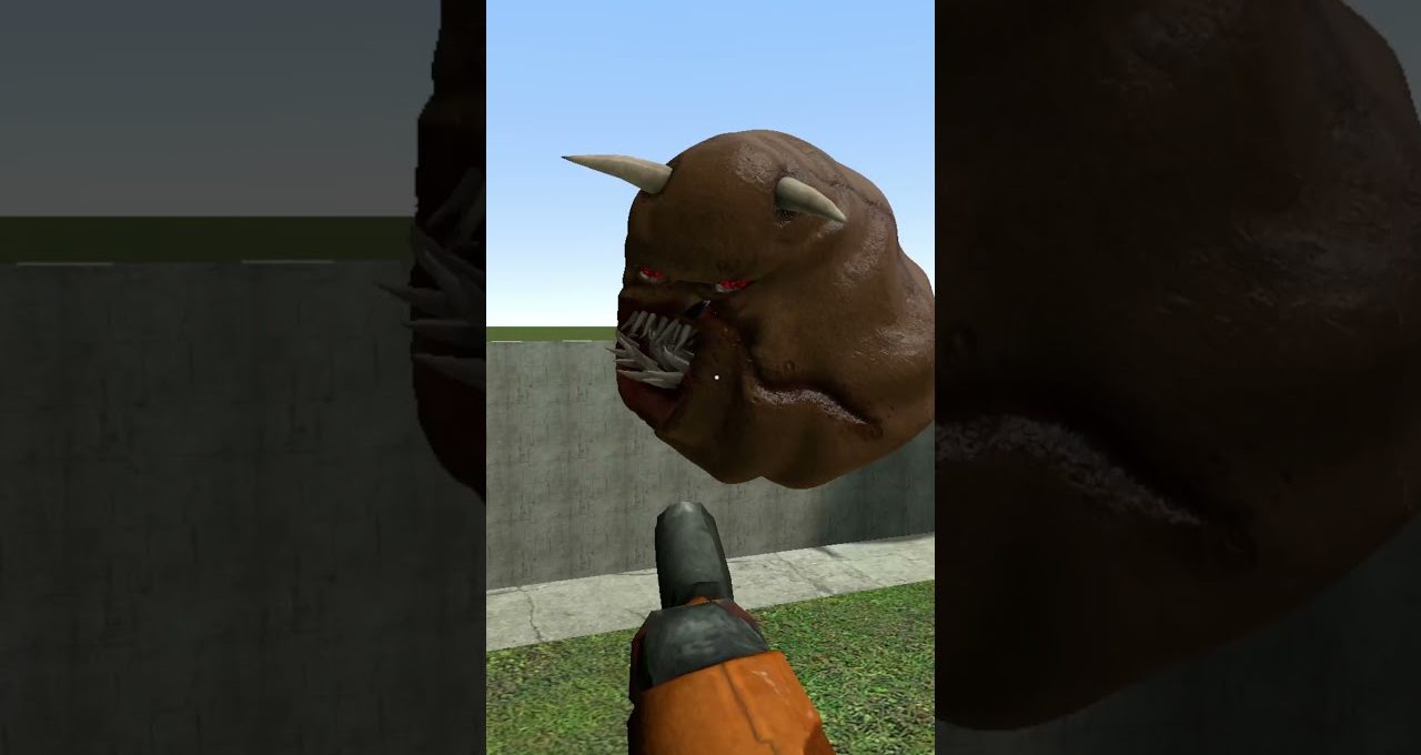 Player viewpoint aiming a pistol at a floating horned demon head with sharp teeth