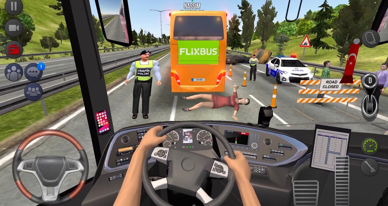 Driver view inside bus approaching accident scene with fallen pedestrian, police, and roadblocks