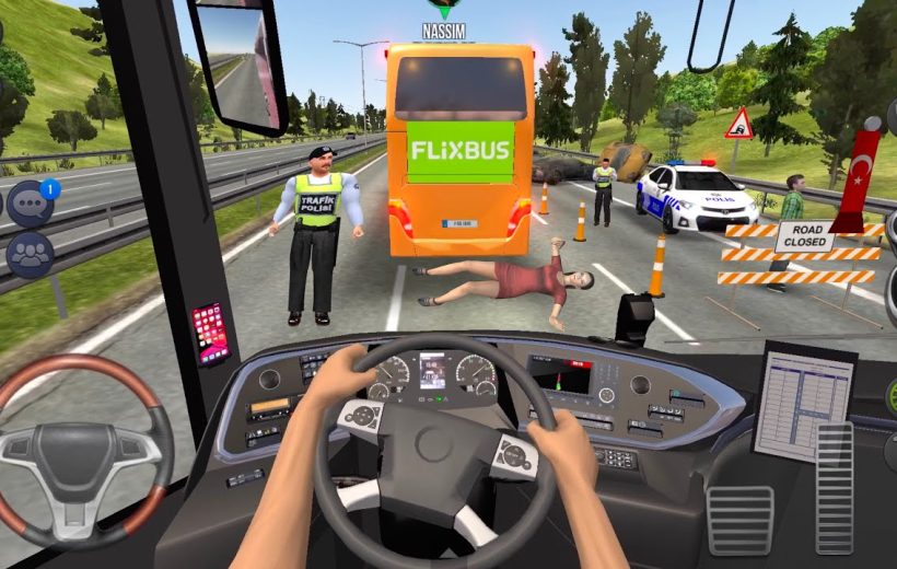 Driver view inside bus approaching accident scene with fallen pedestrian, police, and roadblocks