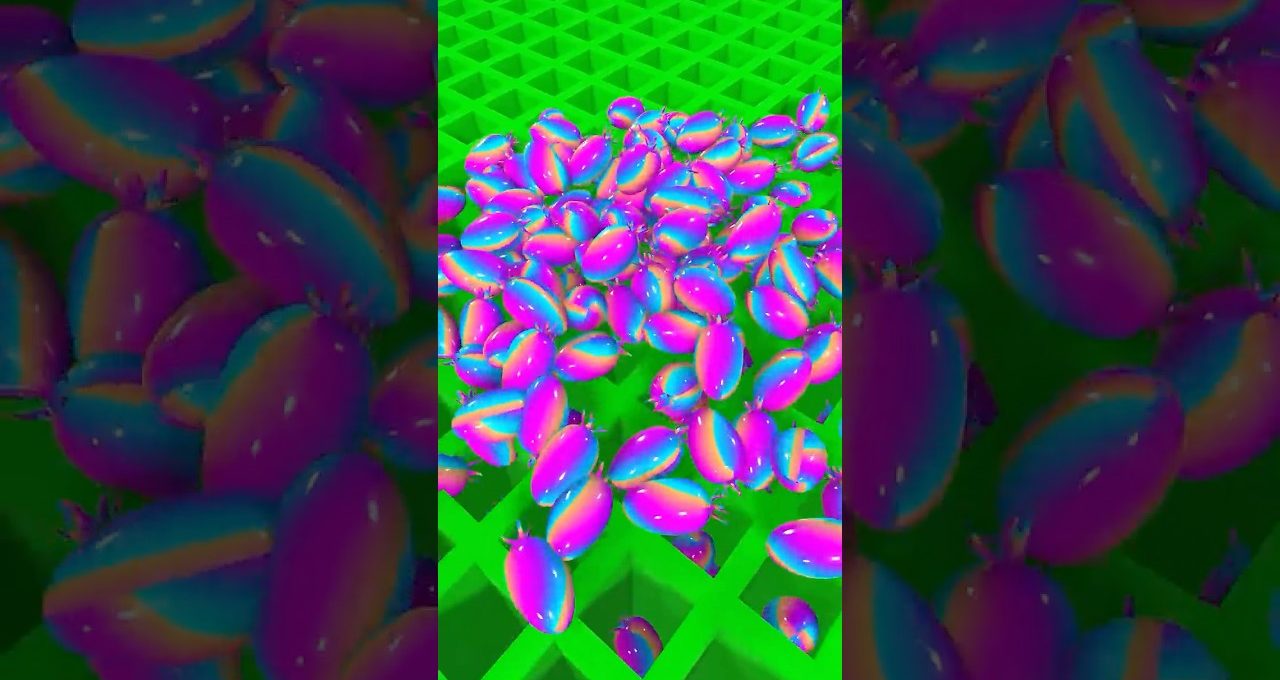 Pile of glossy neon purple and blue capsules on a bright green grid surface