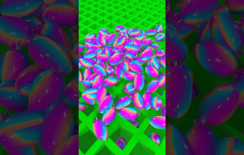 Pile of glossy neon purple and blue capsules on a bright green grid surface