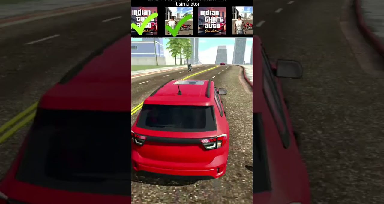 Red SUV driving down a city street in a 3D video game scene.