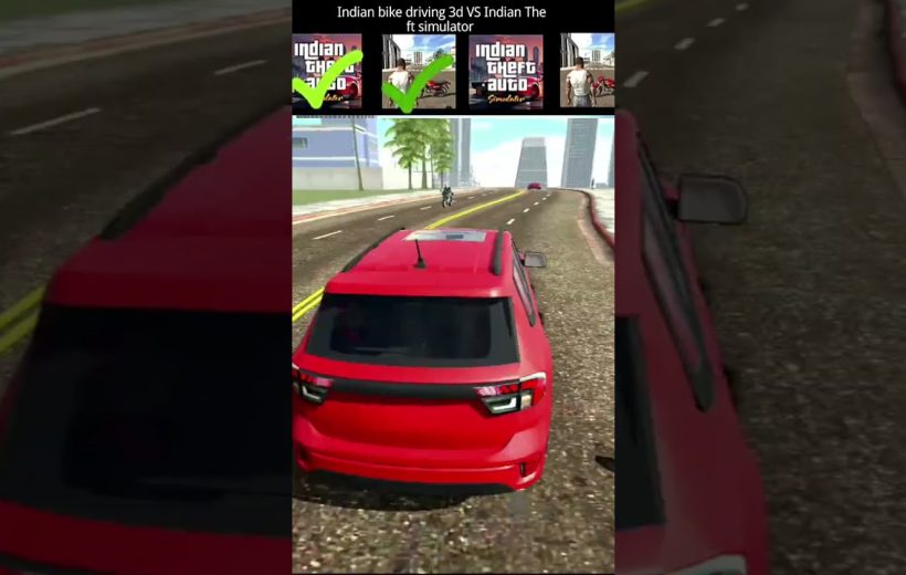 Red SUV driving down a city street in a 3D video game scene.
