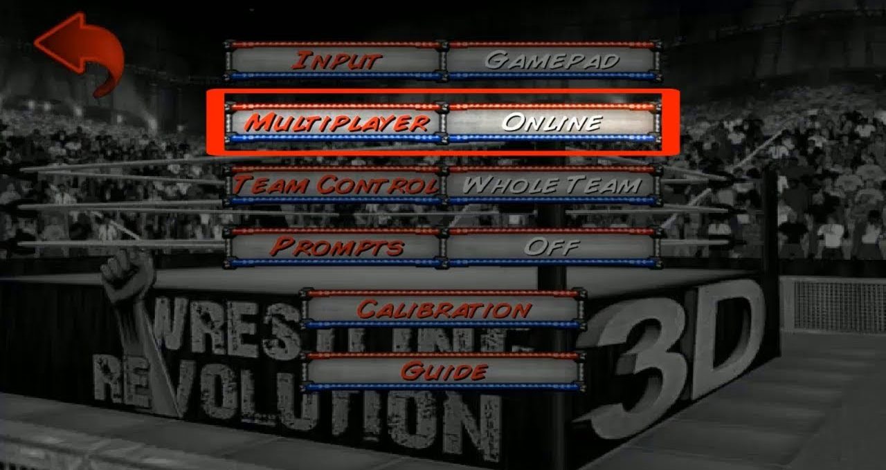 Wrestling game settings menu with "Multiplayer Online" option highlighted over a 3D ring