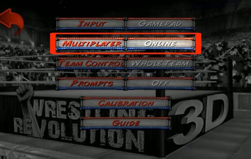 Wrestling game settings menu with "Multiplayer Online" option highlighted over a 3D ring