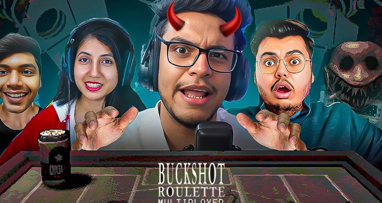 Four gamers with headsets making surprised faces over a game table titled "Buckshot Roulette"