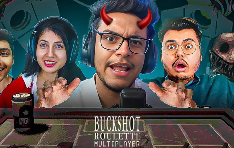 Four gamers with headsets making surprised faces over a game table titled "Buckshot Roulette"