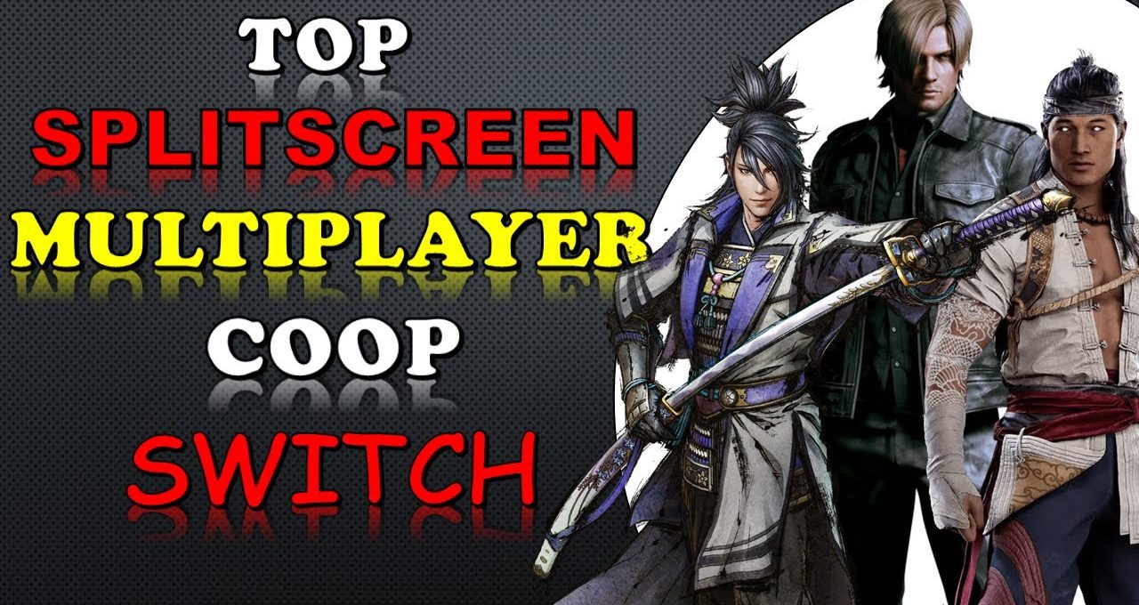 Three video game characters standing beside bold text reading "Splitscreen Multiplayer Coop Switch"