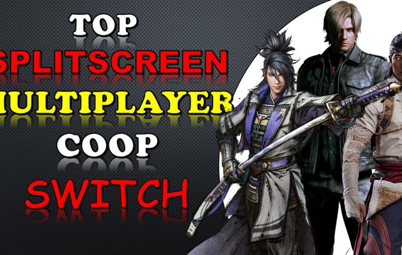 Three video game characters standing beside bold text reading "Splitscreen Multiplayer Coop Switch"
