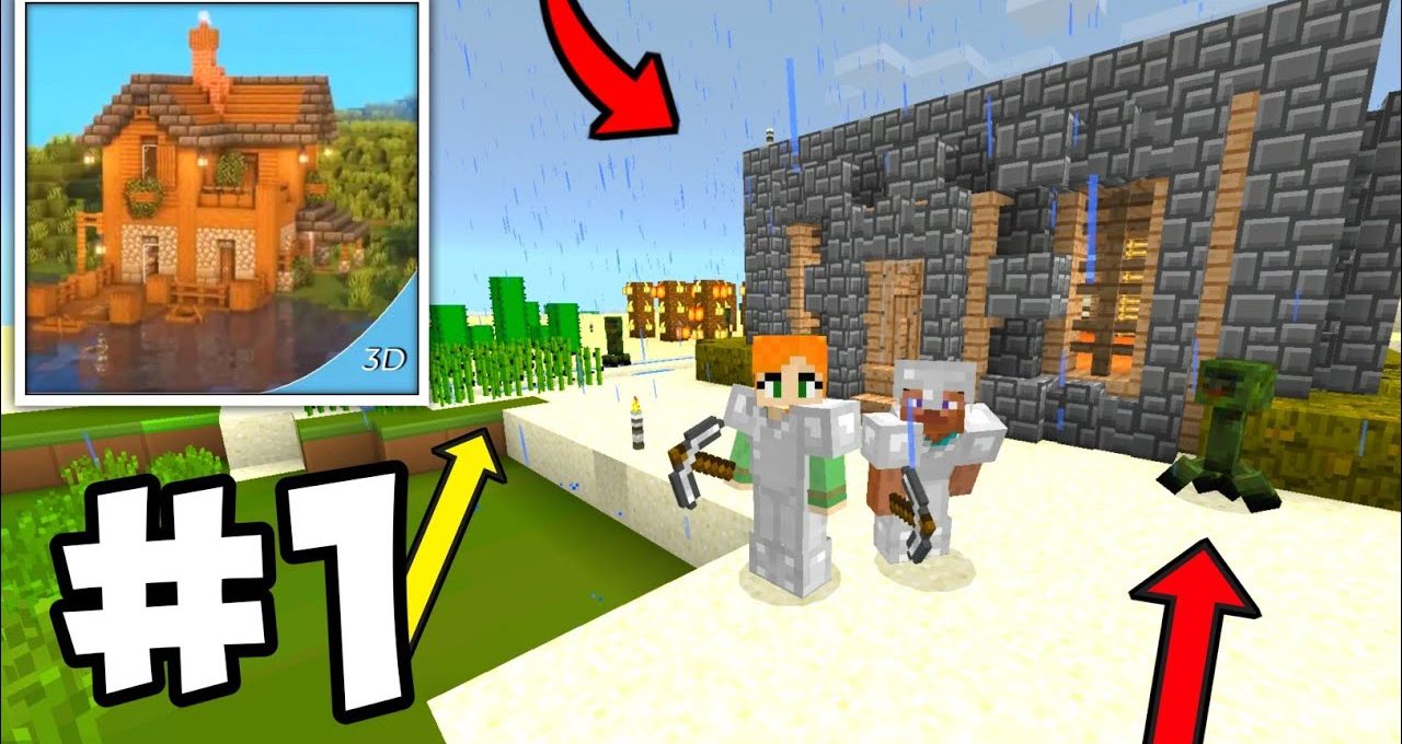 Two Minecraft players in iron armor stand outside a stone house in rain