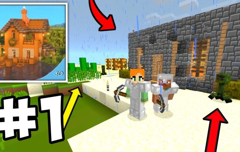 Two Minecraft players in iron armor stand outside a stone house in rain