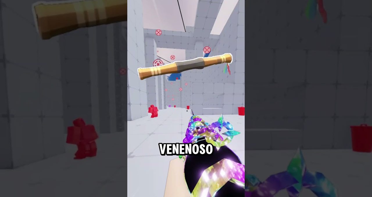 First-person view in a bright game arena aiming at a floating wooden scroll labeled "Venenoso"